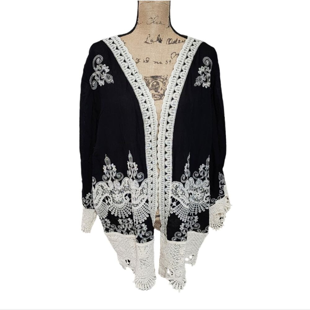 Solitaire Black And Cream Crocheted Lace Kimono Jacket Victorian‎ Plus Sz 2X New